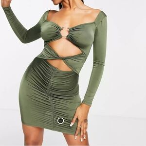 ASOS DESIGN plunge double ring ruched long sleeve mini dress in khaki